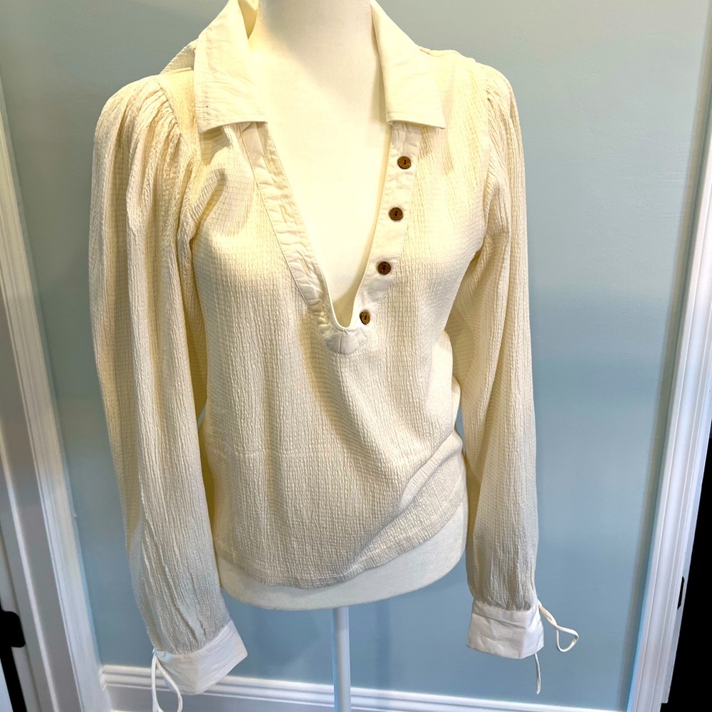 Free People Gorgeous Puff Sleeve Blouse Deep V Plunge Neckline Cream Size Large